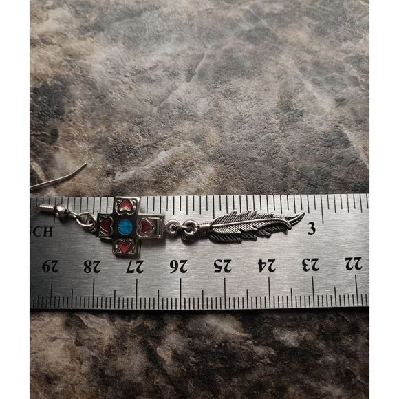 Silver-tone and Turquoise Center Stone w/ Red Hearts and Feather Dangle Earrings - Picture 5 of 5